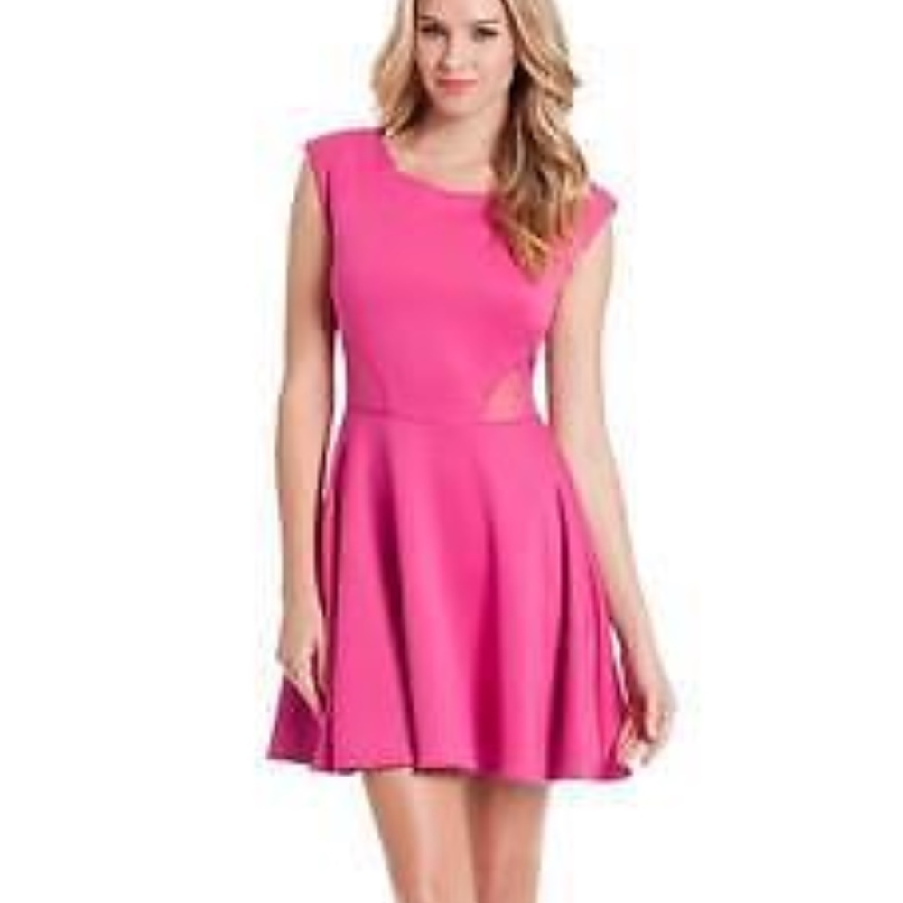 NEW GUESS PINK MESH INSET SHIRRED DRESS SZ M